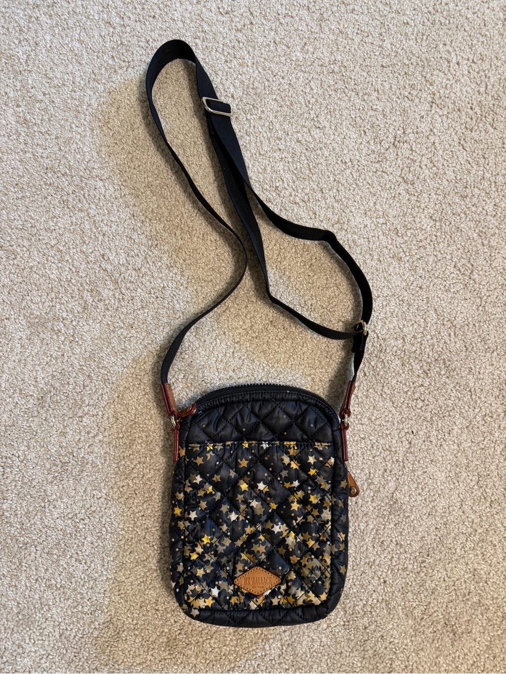 MZ Wallace Black Quilted Crossbody with Gold and Beige Star Print